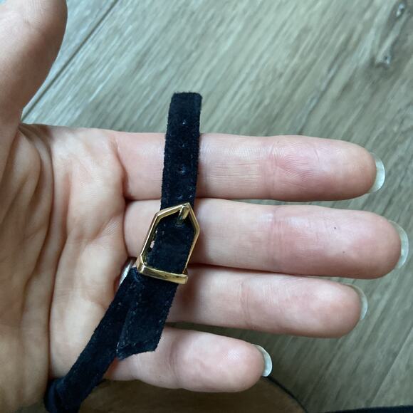 Sam Edelman Stiletto Heel Sz 7 Black Suede Gold Peep Toe Ankle Strap - Picture 10 of 14